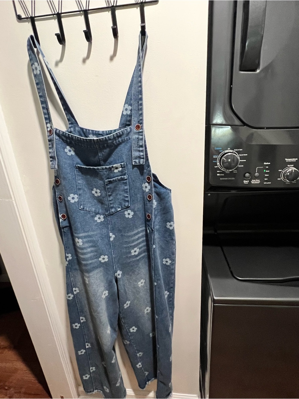 Source Unknown Blue Denim Floral Overalls Jumpsuit